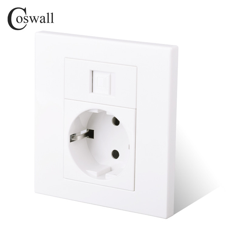 Coswall PC panel EÚ Rusko Španielsko Zásuvka + 1 gang CAT6 RJ45 internetový počítačový dátový konektor biela farba modulárny 86*86 mm