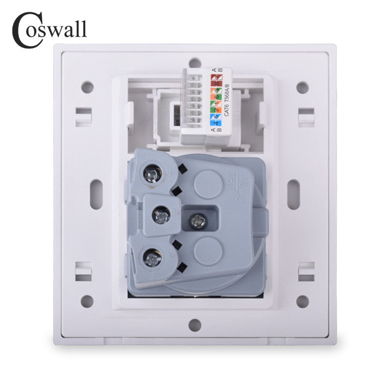 Coswall PC panel EÚ Rusko Španielsko Zásuvka + 1 gang CAT6 RJ45 internetový počítačový dátový konektor biela farba modulárny 86*86 mm