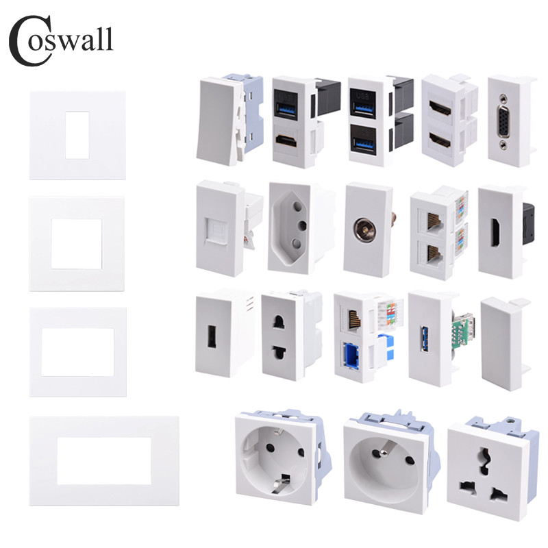 Coswall PC panel EÚ Rusko Španielsko Zásuvka + 1 gang CAT6 RJ45 internetový počítačový dátový konektor biela farba modulárny 86*86 mm