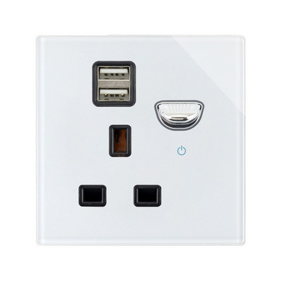13A UK dugaszolóaljzat USB töltővel fali aljzat dupla kimeneti kapcsoló fehér üveg Szingapúr Írország Málta aljzat