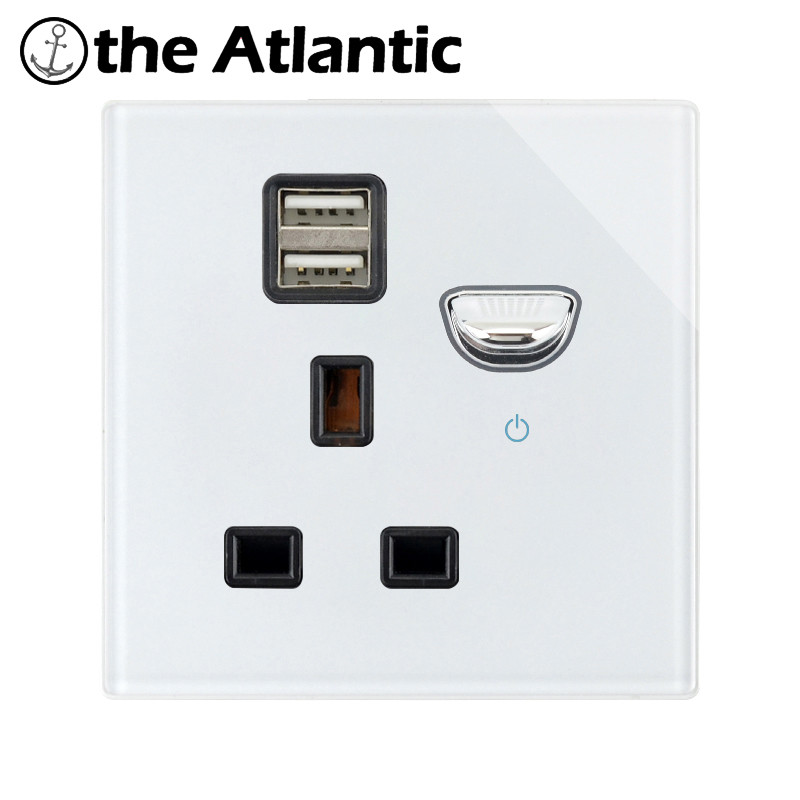 13A UK dugaszolóaljzat USB töltővel fali aljzat dupla kimeneti kapcsoló fehér üveg Szingapúr Írország Málta aljzat