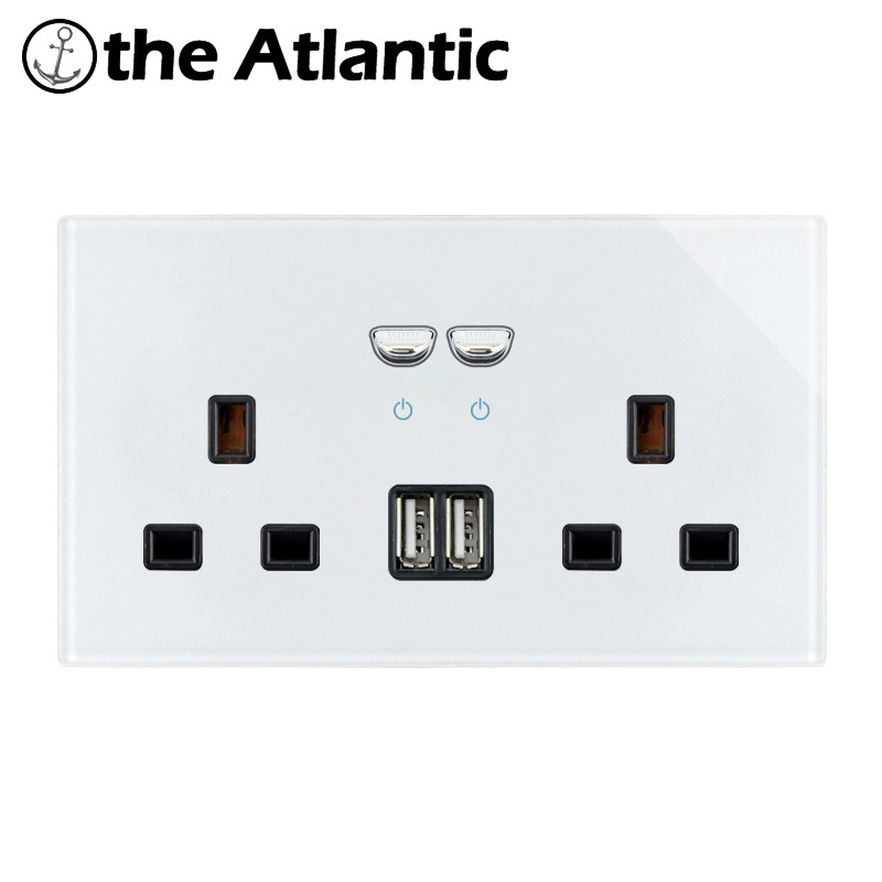 13A UK dugaszolóaljzat USB töltővel fali aljzat dupla kimeneti kapcsoló fehér üveg Szingapúr Írország Málta aljzat