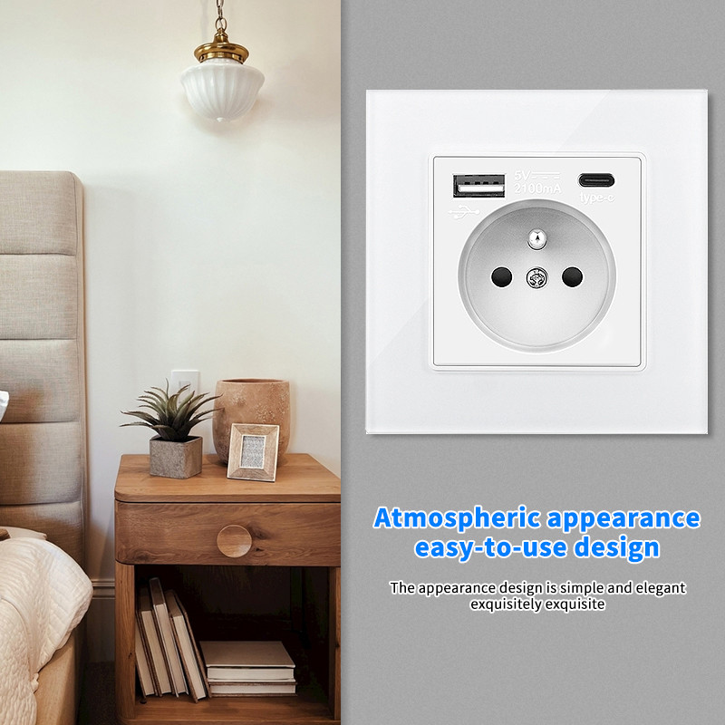 UBARO Fr Standard 86 C TYPE C fali aljzat Luxus üvegpanel francia dugós tápfeszültség elektromos aljzat 5V 2100mA AC100-240V 16A díj