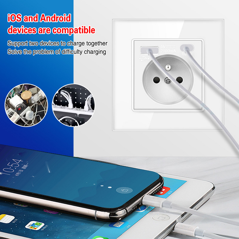 UBARO Fr Standard 86 C TYPE C fali aljzat Luxus üvegpanel francia dugós tápfeszültség elektromos aljzat 5V 2100mA AC100-240V 16A díj