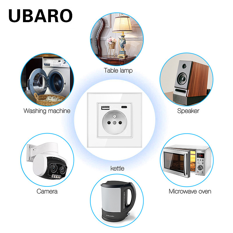 UBARO Fr Standard 86 C TYPE C fali aljzat Luxus üvegpanel francia dugós tápfeszültség elektromos aljzat 5V 2100mA AC100-240V 16A díj