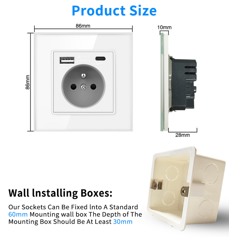 UBARO Fr Standard 86 C TYPE C fali aljzat Luxus üvegpanel francia dugós tápfeszültség elektromos aljzat 5V 2100mA AC100-240V 16A díj
