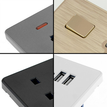 13A UK стандартен захранващ контакт Двойни USB портове за зарядно устройство 2.1A LED индикатор Единичен двоен стенен контакт 3 пина Сребристо сива пластмаса Малта