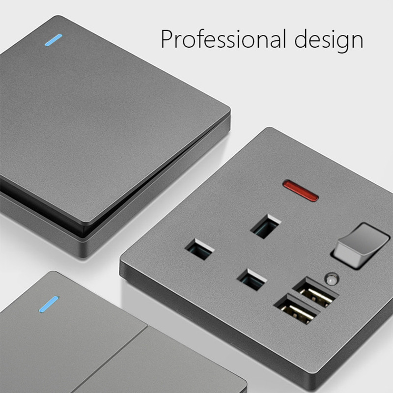 13A štandardná elektrická zásuvka pre Spojené kráľovstvo, dva USB porty na nabíjanie, 2,1A LED indikátor, jedna dvojitá nástenná zásuvka, 3-kolíková, striebornosivá, plastová, Malta