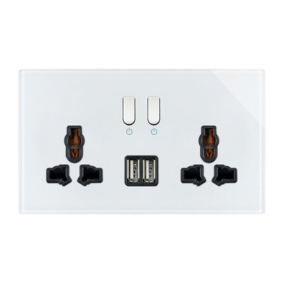Zásuvka UK 13A s USB nabíjačkou, dvojitá zásuvka, biely sklenený klavírny kľúč, zásuvka do Singapuru, Írska, Malty