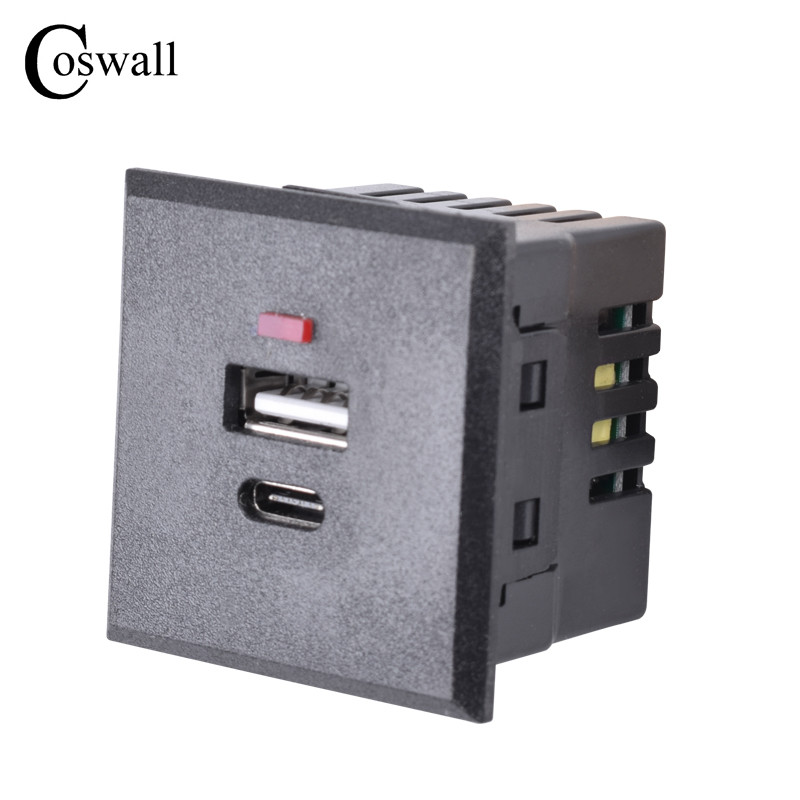 COSWALL kvalitātes iebūvējamā USB un C tipa / dubultā USB uzlādes izejas modulis galda ligzdai, maksimālais 2,1 A ar LED indikatoru