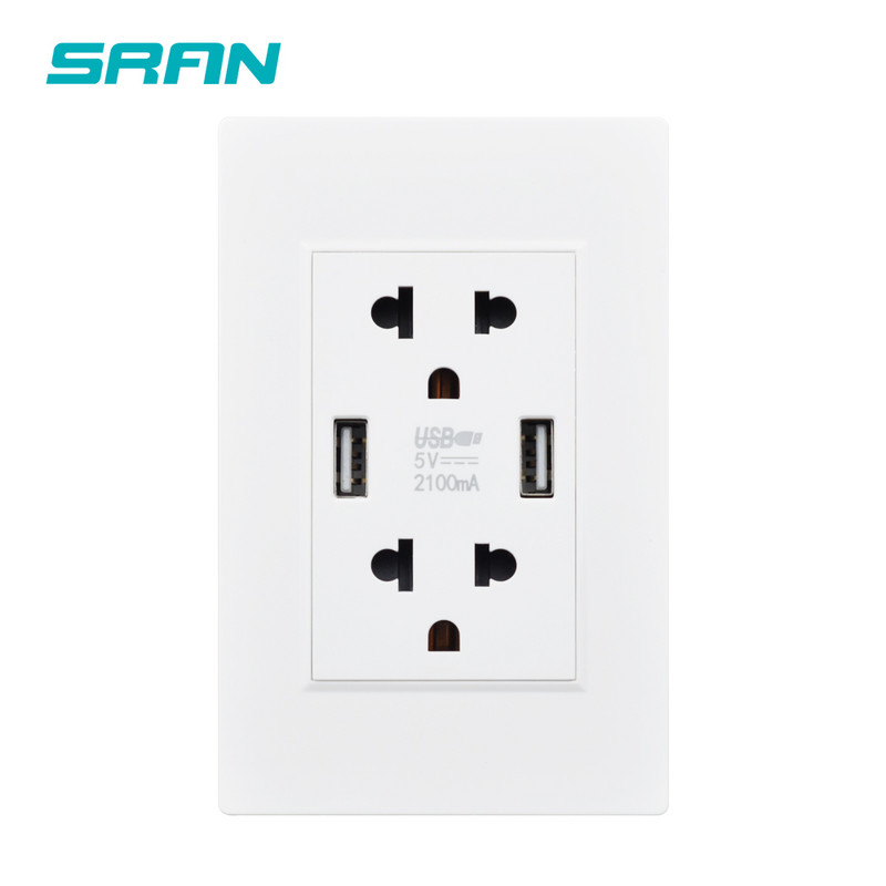 SRAN US standarta universālā barošanas ligzda, dubultā USB sienas kontaktligzda 5V2.1A izeja uzlādei, mājas liesmas slāpētājs PC panelis 118*76mm