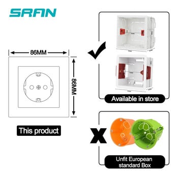 SRAN EU захранващ контакт, 16A 250V бял/черен акрилен панел 86mm*86mm със сребърни ръбове стенен контакт