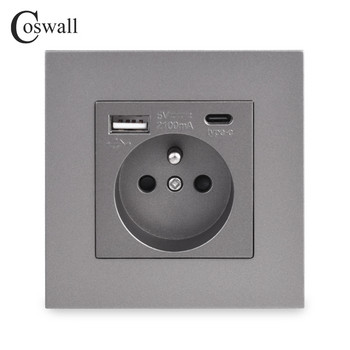 COSWALL Френски полски стандартен стенен захранващ контакт Заземен USB тип A & Type-C порт за зареждане Матово сив сив PC панел E20 Series