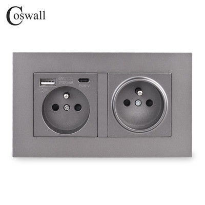 COSWALL francia lengyel szabványos fali tápcsatlakozó, földelt USB A és C típusú töltőport matt szürke szürke PC panel E20 sorozat