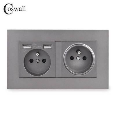 COSWALL francia lengyel szabványos fali tápcsatlakozó, földelt USB A és C típusú töltőport matt szürke szürke PC panel E20 sorozat