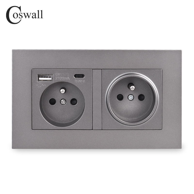 COSWALL francia lengyel szabványos fali tápcsatlakozó, földelt USB A és C típusú töltőport matt szürke szürke PC panel E20 sorozat