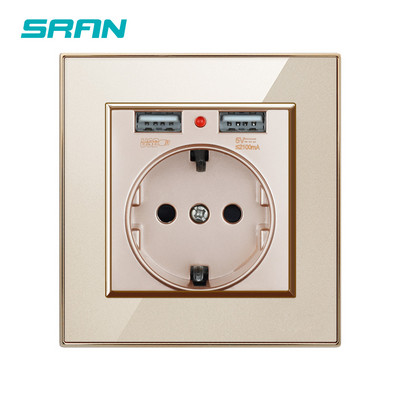 SRAN EU zásuvka, zásuvka s USB nabíjacím portom 2.1A 16A akrylový panel Rusko Španielsko nástenné elektrické zásuvky