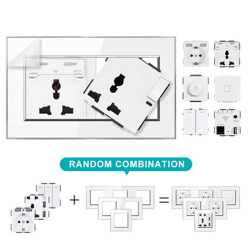 SRAN EU zásuvka, zásuvka s USB nabíjacím portom 2.1A 16A akrylový panel Rusko Španielsko nástenné elektrické zásuvky