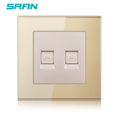 SRAN 2gang datora sienas kontaktligzda rj45 CAT5 tipa kristāla rūdīta stikla panelis 86*86mm dubultā interneta interfeisa kontaktligzda