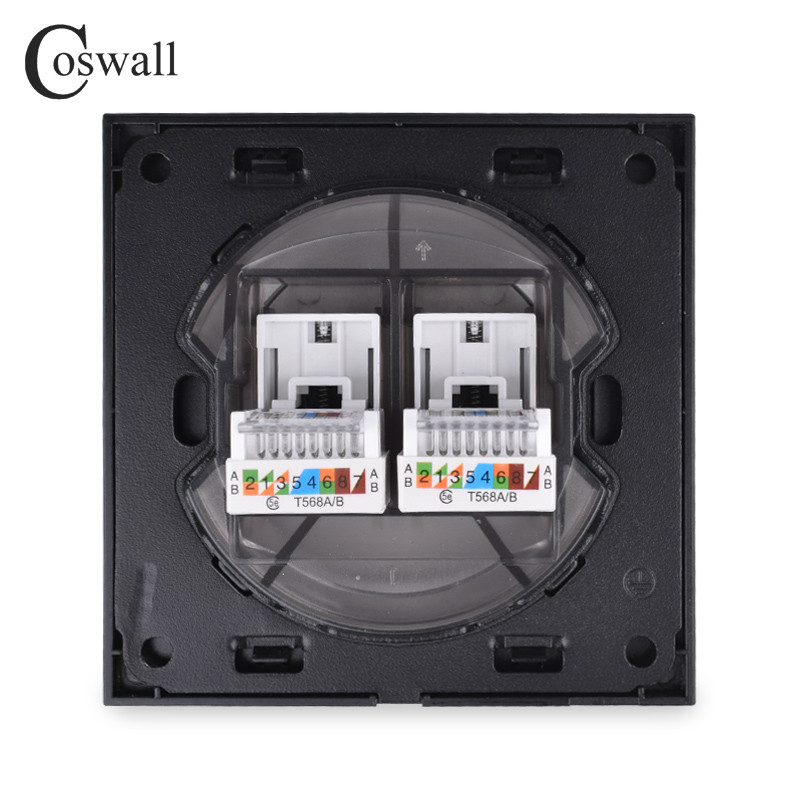 Coswall hliníkový panel CAT5E dvojitý RJ45 internetový jack zásuvka nástenná dátová počítačová zásuvka Knight čierna