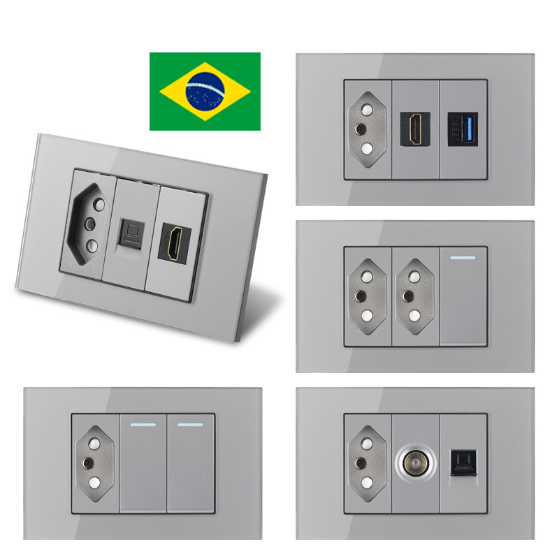Priză Brazilia 20A cu antenă TV SAT RJ45 HDMI Priză de alimentare tip 118 Priză gri din sticlă securizată Priză priză Brazilia Transport gratuit