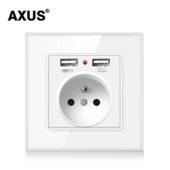 AXUS francúzska štandardná zásuvka AC 100~250V duálny USB nabíjací port pre mobilné zariadenia biely krištáľový sklenený panel 16A nástenná USB zásuvka