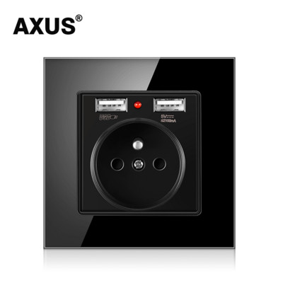 AXUS francúzska štandardná zásuvka AC 100~250V duálny USB nabíjací port pre mobilné zariadenia biely krištáľový sklenený panel 16A nástenná USB zásuvka