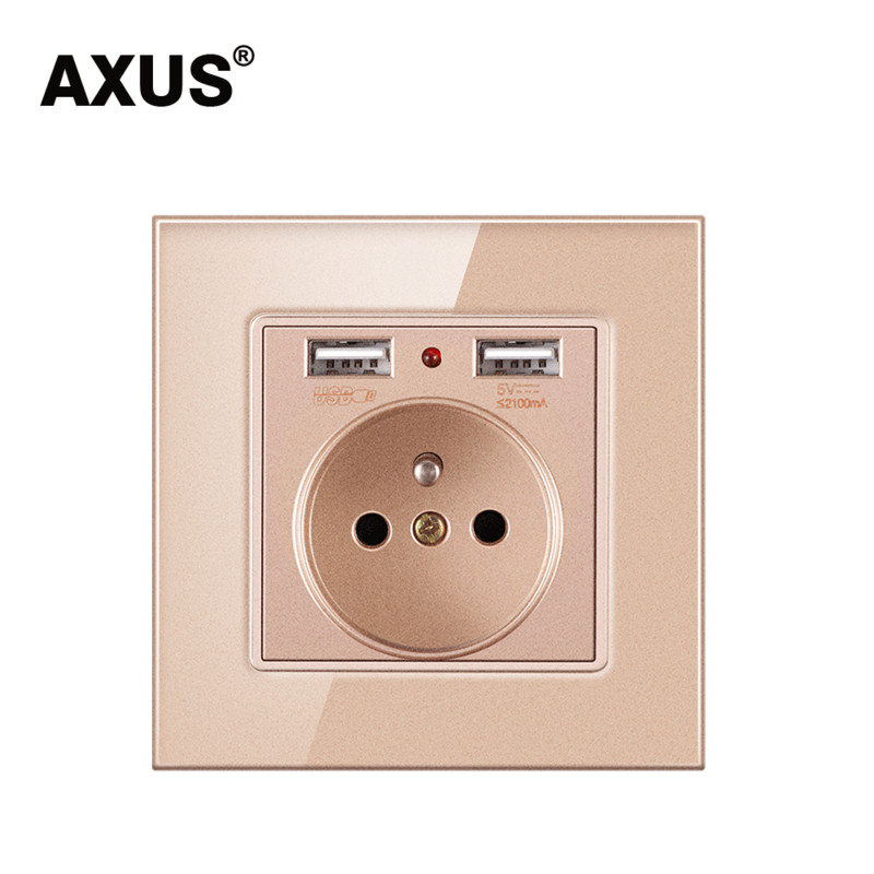 AXUS francúzska štandardná zásuvka AC 100~250V duálny USB nabíjací port pre mobilné zariadenia biely krištáľový sklenený panel 16A nástenná USB zásuvka