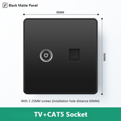Avoir Wall RJ45 Υποδοχή υπολογιστή Υποδοχή τηλεόρασης Μαύρο Ματ Πλαστικό Πάνελ 86mm * 86mm Καλωδιακή Διεπαφή Δικτύου Έξοδος Υποδοχές