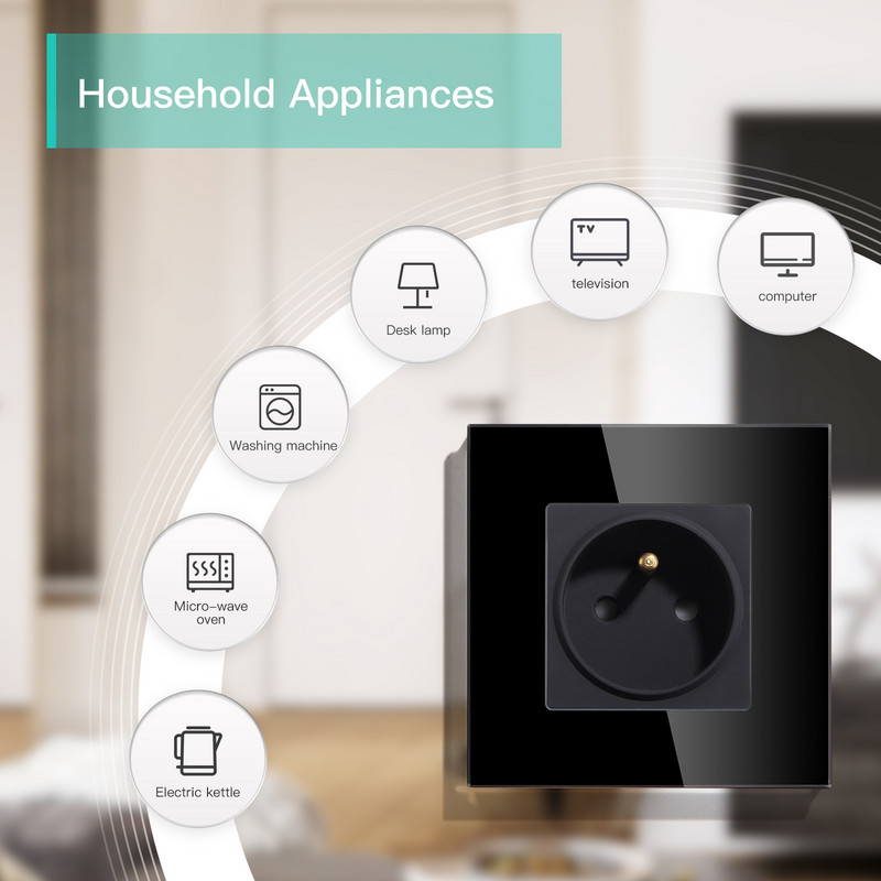 BSEED egy francia aljzatú dugaszolóaljzat 16A elektromos aljzatok fali dugó kristályüveg keret 250V gyermekvédelem