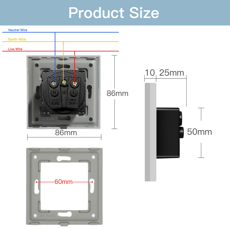 BSEED egy francia aljzatú dugaszolóaljzat 16A elektromos aljzatok fali dugó kristályüveg keret 250V gyermekvédelem