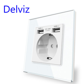 Delviz EU стандартен USB контакт, 5V 2A двоен USB интерфейс за зареждане, вграден в стената 16A захранващ контакт, панел от закалено кристално стъкло