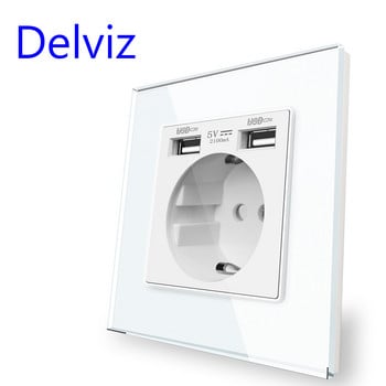 Delviz EU Standard Υποδοχή USB, Διπλή διεπαφή φόρτισης USB 5V 2A, Ενσωματωμένη πρίζα 16A στον τοίχο, Πίνακας από κρυστάλλινο γυαλί