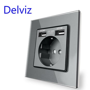 Delviz EU Standard Υποδοχή USB, Διπλή διεπαφή φόρτισης USB 5V 2A, Ενσωματωμένη πρίζα 16A στον τοίχο, Πίνακας από κρυστάλλινο γυαλί