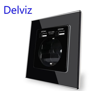 Delviz EU Standard Υποδοχή USB, Διπλή διεπαφή φόρτισης USB 5V 2A, Ενσωματωμένη πρίζα 16A στον τοίχο, Πίνακας από κρυστάλλινο γυαλί