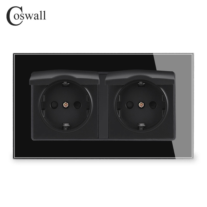 Стъклен панел Coswall Стенен двоен контакт, заземен с водоустойчив капак ЕС Русия Испания Франция Изход със защитна ключалка за деца
