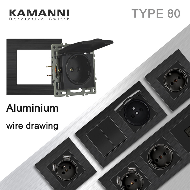 Apaļās kastes sienas slēdzis melns alumīnija Eu Fr Elektriskās rozetes ar ūdensnecaurlaidīgu vāku USB RJ45 DIY slēdža funkciju taustiņi un rāmis