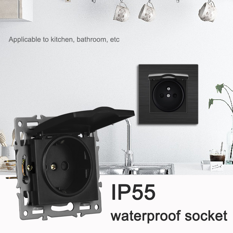 Apaļās kastes sienas slēdzis melns alumīnija Eu Fr Elektriskās rozetes ar ūdensnecaurlaidīgu vāku USB RJ45 DIY slēdža funkciju taustiņi un rāmis