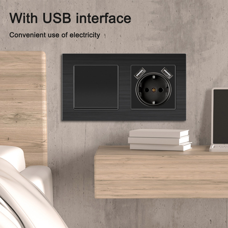 Apaļās kastes sienas slēdzis melns alumīnija Eu Fr Elektriskās rozetes ar ūdensnecaurlaidīgu vāku USB RJ45 DIY slēdža funkciju taustiņi un rāmis