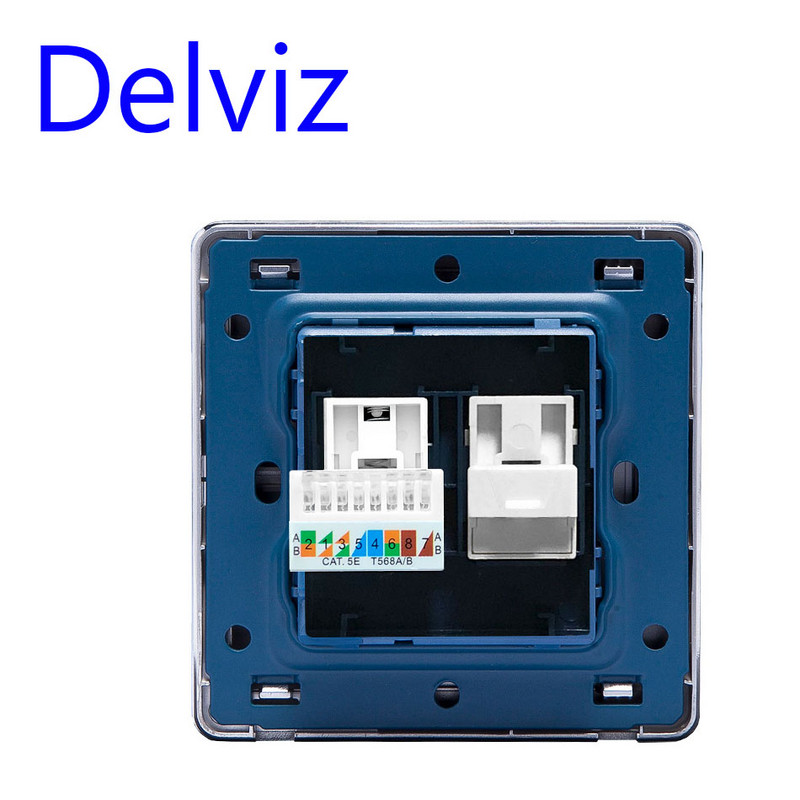 Zásuvka Delviz RJ45 na stenu, 2-portová káblová telefónna zásuvka RJ11, biely/čierny krištáľový sklenený panel, telefónna a počítačová zásuvka CAT5