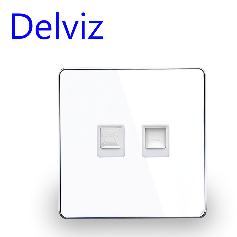 Zásuvka Delviz RJ45 na stenu, 2-portová káblová telefónna zásuvka RJ11, biely/čierny krištáľový sklenený panel, telefónna a počítačová zásuvka CAT5