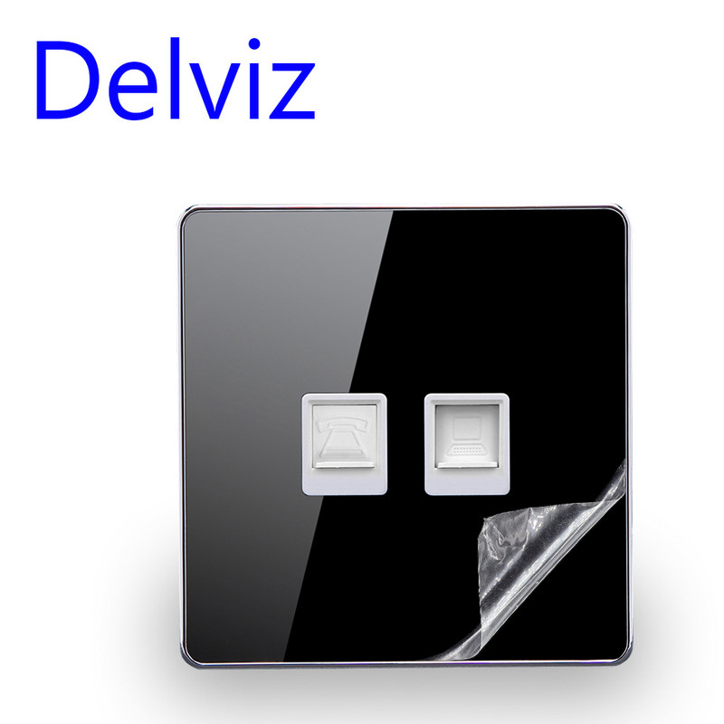 Zásuvka Delviz RJ45 na stenu, 2-portová káblová telefónna zásuvka RJ11, biely/čierny krištáľový sklenený panel, telefónna a počítačová zásuvka CAT5