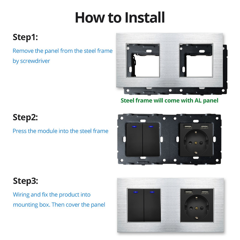 Ταπετσαρία τοίχου Ασημένιο πάνελ αλουμινίου Διακόπτης φωτός τοίχου Κλειδί λειτουργίας Μόνο DIY Δωρεάν Συνδυασμός 52*52mm 1 2 3 4 5 Πολλαπλό πλαίσιο