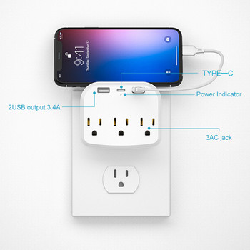 2 USB 3.4A US Plug Extender USB стенно зарядно устройство 3 електрически контакт сплитер, съвместим с американски щепсел Стенен контакт