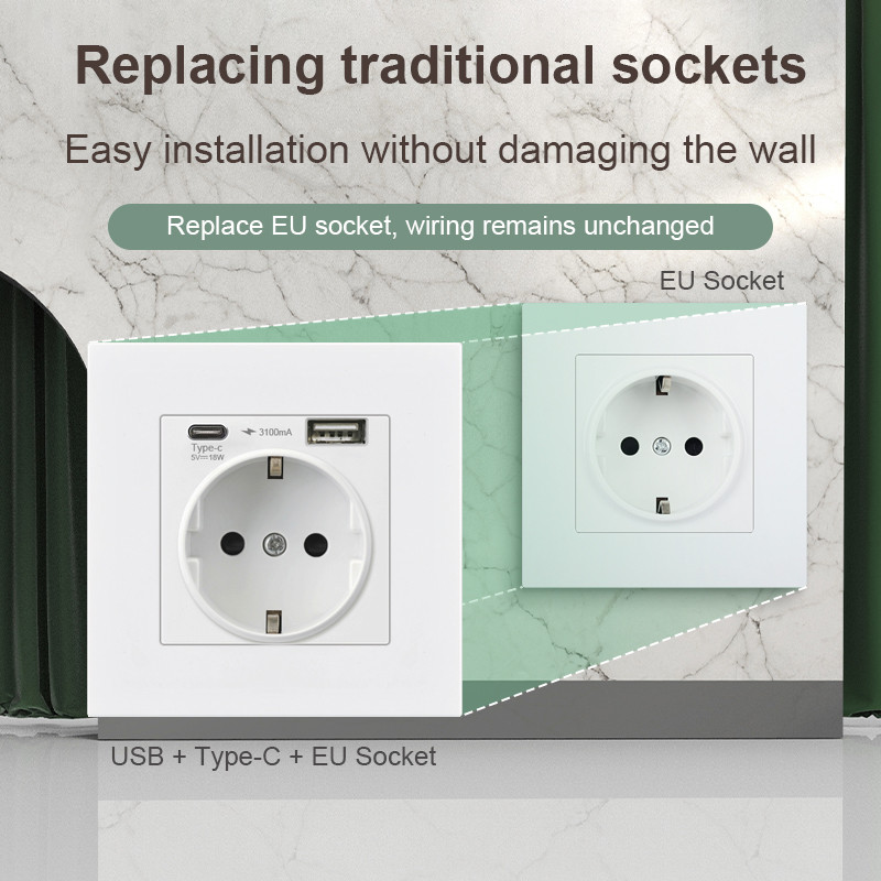 Kamanni Wall πρίζα ΕΕ με πρίζες φόρτισης USB τύπου C 18W 5V 3A Θύρες Usb Γρήγορη φόρτιση Πάνελ επιβραδυντικού φλόγας Η/Υ 86*86mm