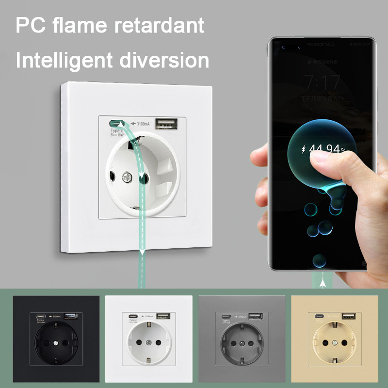 Kamanni Wall πρίζα ΕΕ με πρίζες φόρτισης USB τύπου C 18W 5V 3A Θύρες Usb Γρήγορη φόρτιση Πάνελ επιβραδυντικού φλόγας Η/Υ 86*86mm