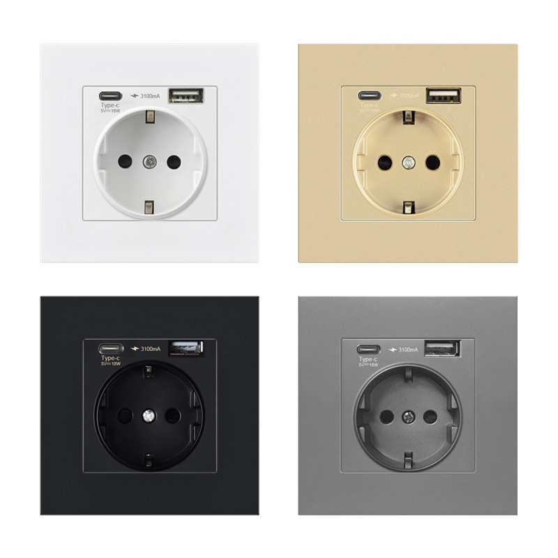 Kamanni Wall πρίζα ΕΕ με πρίζες φόρτισης USB τύπου C 18W 5V 3A Θύρες Usb Γρήγορη φόρτιση Πάνελ επιβραδυντικού φλόγας Η/Υ 86*86mm