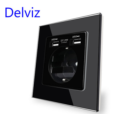 Delviz Tempered Crystal Panel utičnica, 5V dvostruko USB sigurnosno sučelje za punjenje, EU standard 16A zidna USB utičnica