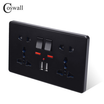Стенен захранващ контакт Coswall Двоен универсален изход с 5 дупки и неон 2.1A Двоен USB порт за зарядно устройство LED индикатор Черен цвят