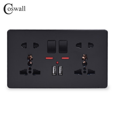 Priză de perete Coswall Priză dublă universală cu 5 găuri comutată cu neon 2.1A Port dublu pentru încărcător USB Indicator LED Culoare neagră